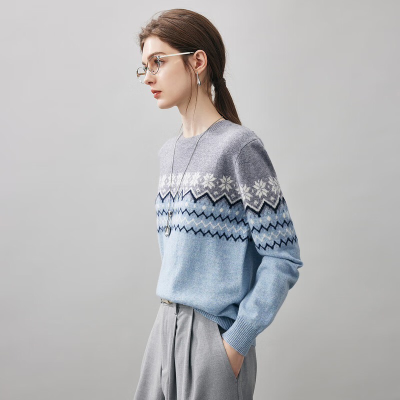 Comonboca 2025 Autumn and Winter Fair Isle Cashmere Sweater Women's Knitted Sweater Round Neck Bottoming Sweater Fantasy Blue XL