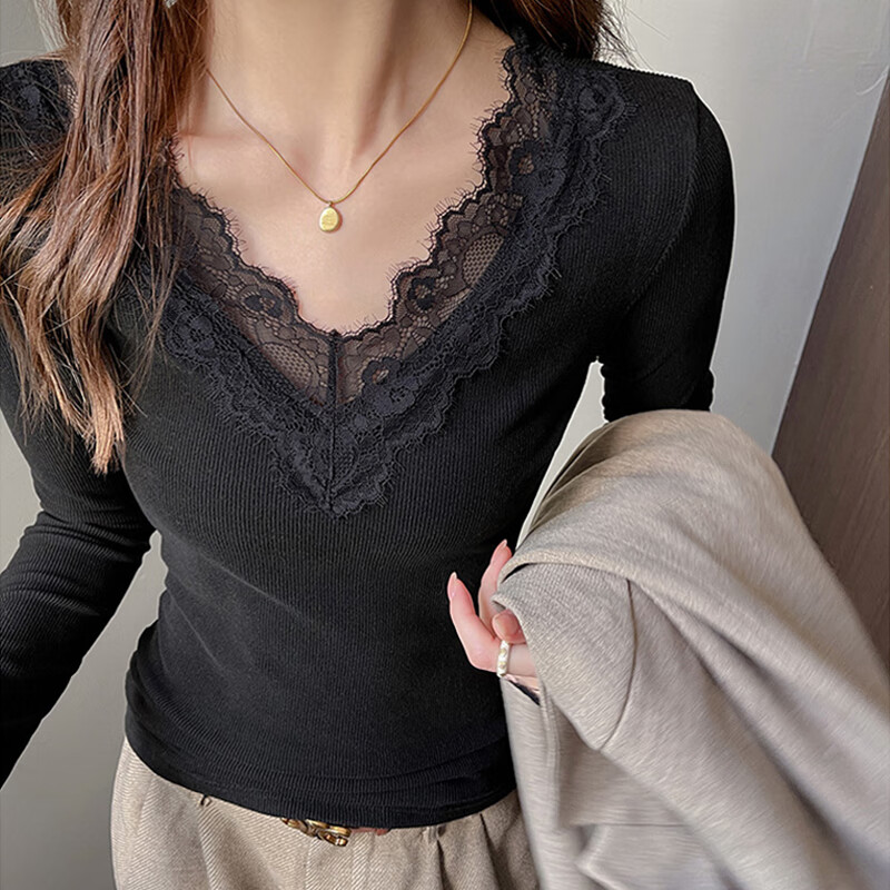 Lurang Song lace V-neck bottoming shirt for women in autumn and winter with German velvet brushed inner, slim fit, versatile long-sleeved top, shoulder T-shirt, white M (suitable for 95-115 pounds)