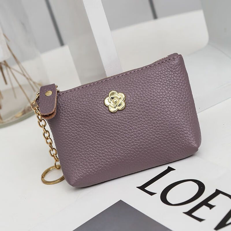 Fuyan Coin Purse Women's Mini Genuine Leather Wallet Women's Cowhide Clutch Small Bag Cute Women's Bag Short Wallet Card Bag Gold Flower Lotus Purple