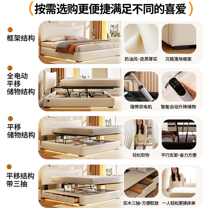 Dongxiong ultra-thin bedside leather bed adjustable small apartment cream style master bedroom soft bed high box storage translation bed ecological leather bed/encrypted silent ribbed frame 1500mm*2000mm frame structure