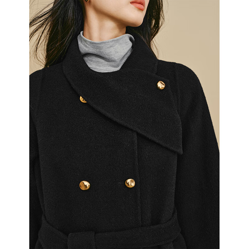 Inman pure sheep wool scarf collar double-sided woolen coat 2025 winter women's new woolen coat midnight black M