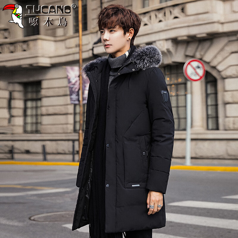 Woodpecker (TUCANO) down jacket men's mid-length winter thickened warm casual jacket men's fur collar extreme cold men's wear black XL