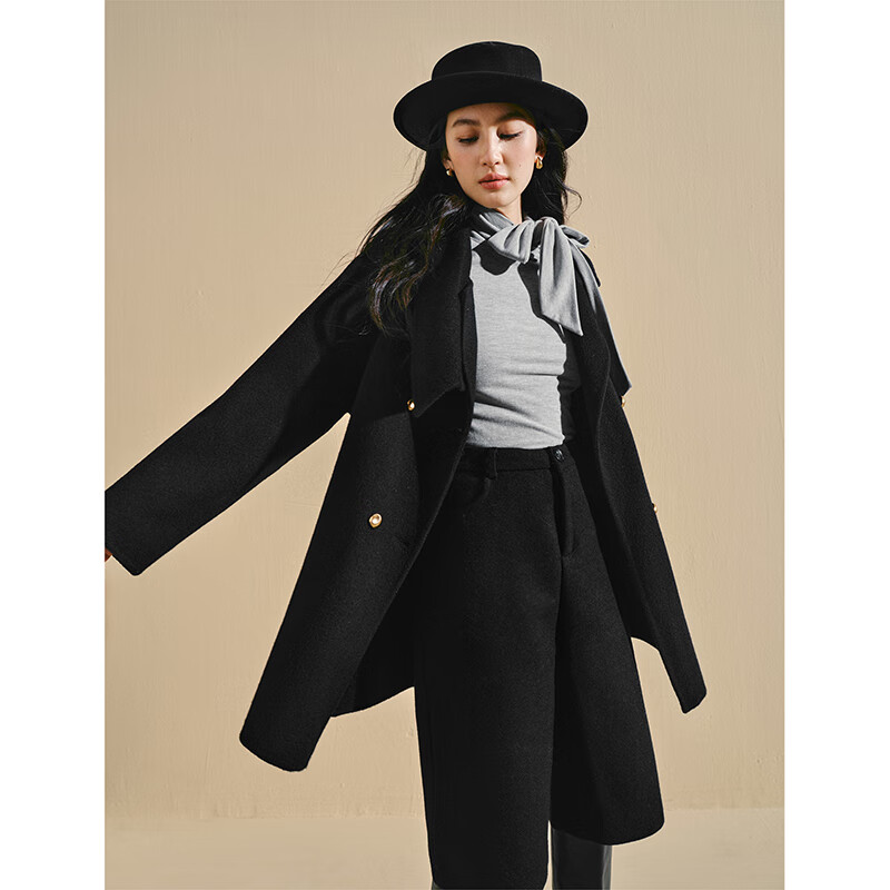 Inman pure sheep wool scarf collar double-sided woolen coat 2025 winter women's new woolen coat midnight black M