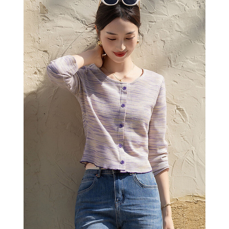 Demana Cloud Oxygen Cotton Spring Lightweight Rainbow Waffle Print Long Sleeve Layered Small Women's T-Shirt