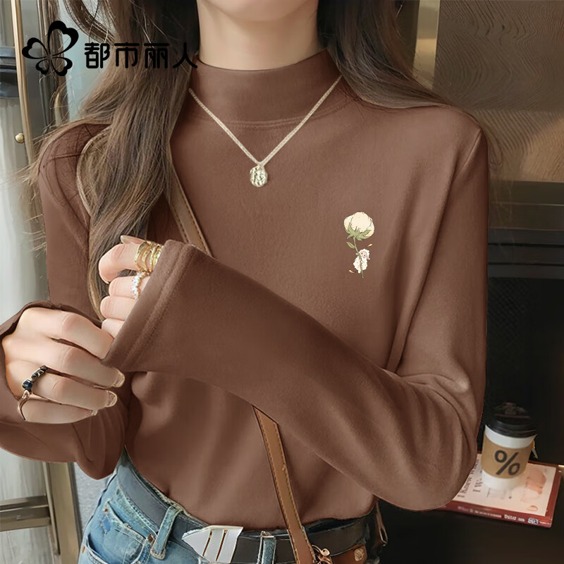 Urban Beauty Half Turtle Collar Bottoming Top for Women 2025 New Winter Style with Velvet Warm, Comfortable and Casual Long-sleeved Tops for Women