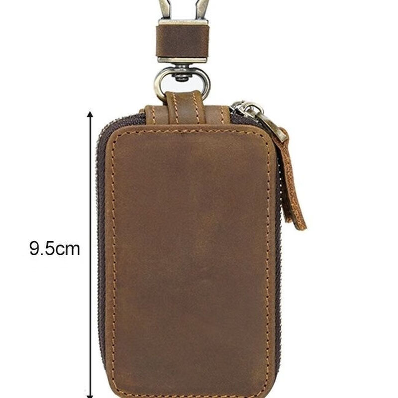 Ye Yu Crazy Horse Leather Keychain Bag Double Zipper Cowhide Car Key Bag General Motors Multifunctional Household Double Layer Key Bag Brown
