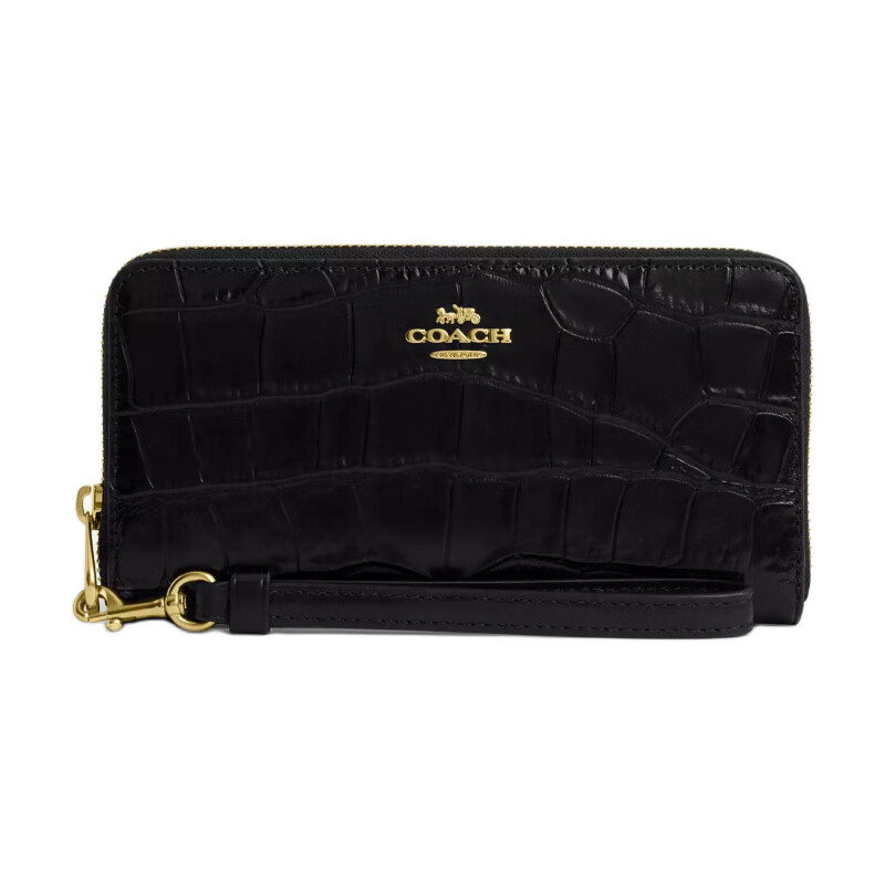 COACH 19 brand logo zipper closure crocodile embossed leather wallet small size women's black black