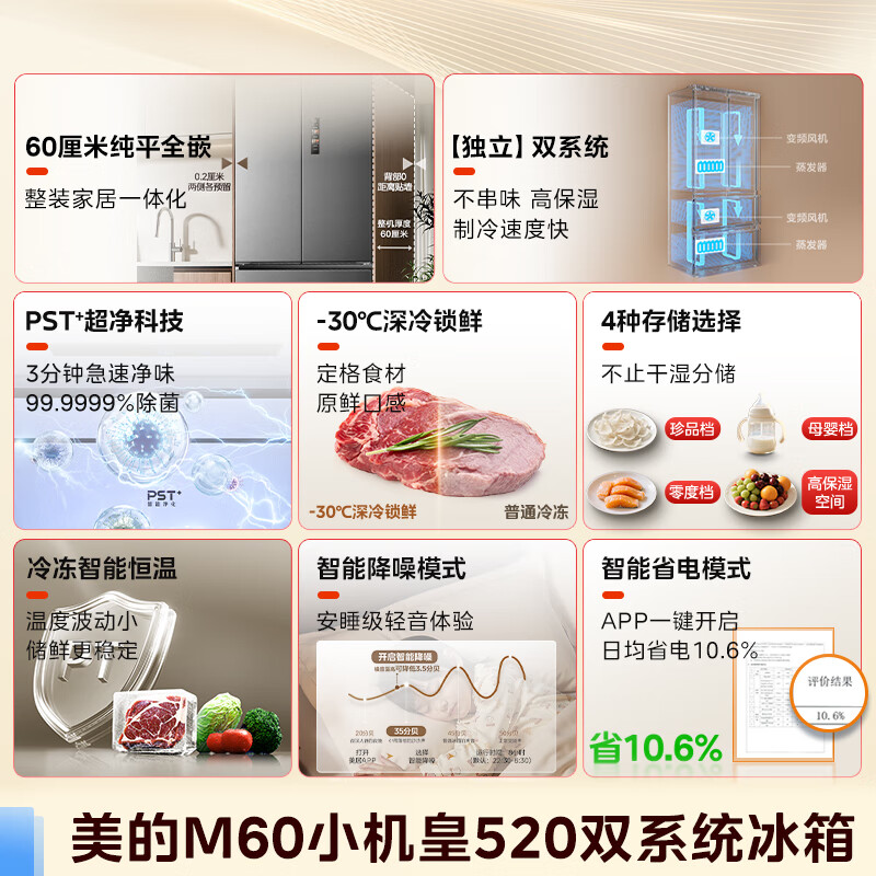 Midea M60 series 520 liter small French style multi-door four-door refrigerator ultra-thin flat screen embedded dual system dual cycle household frost-free large capacity sterilization and deodorization government subsidy BCD-520WUFPZM (E) phantom sand