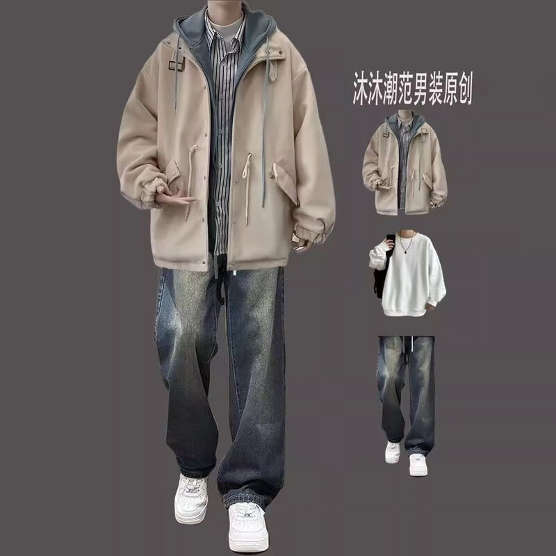 Xingsuyao (xingsuyao) fake two-piece hooded jacket men's suit autumn and winter Korean style loose woolen coat men's high-end fashion three-piece suit black + long white T + pants blue XL