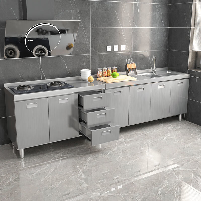 FANCYCHIC304 overall stainless steel white steel kitchen cabinet simple stove integrated storage cupboard household small apartment 80CM double door - flat style 201 stainless steel - installation free