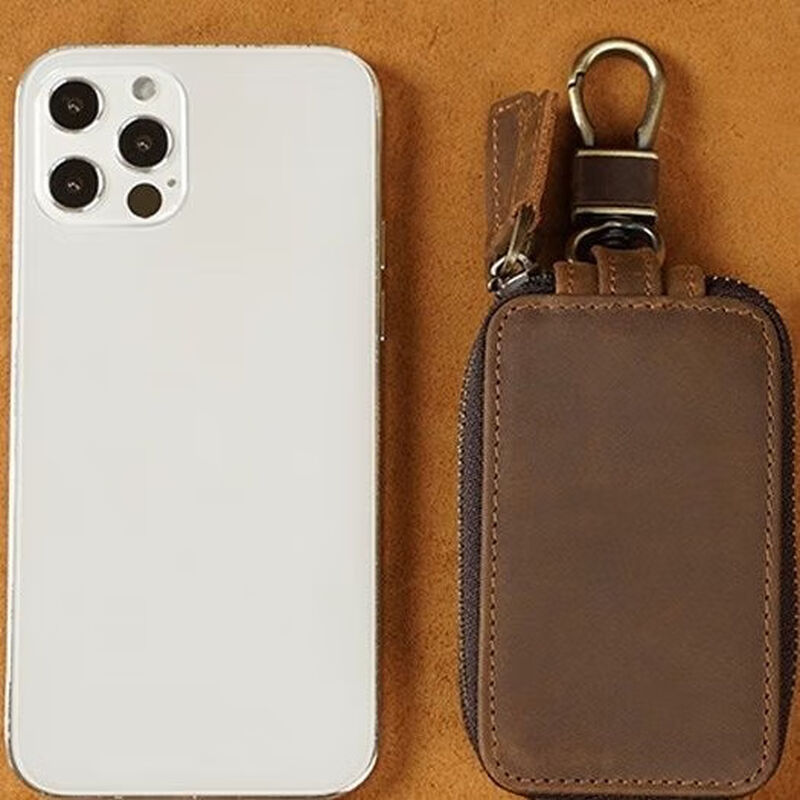 Ye Yu Crazy Horse Leather Keychain Bag Double Zipper Cowhide Car Key Bag General Motors Multifunctional Household Double Layer Key Bag Brown
