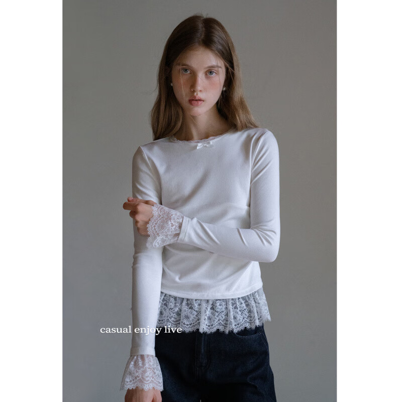EGGKA round neck lace white long-sleeved bottoming T-shirt slimming top E25A3988BK white S