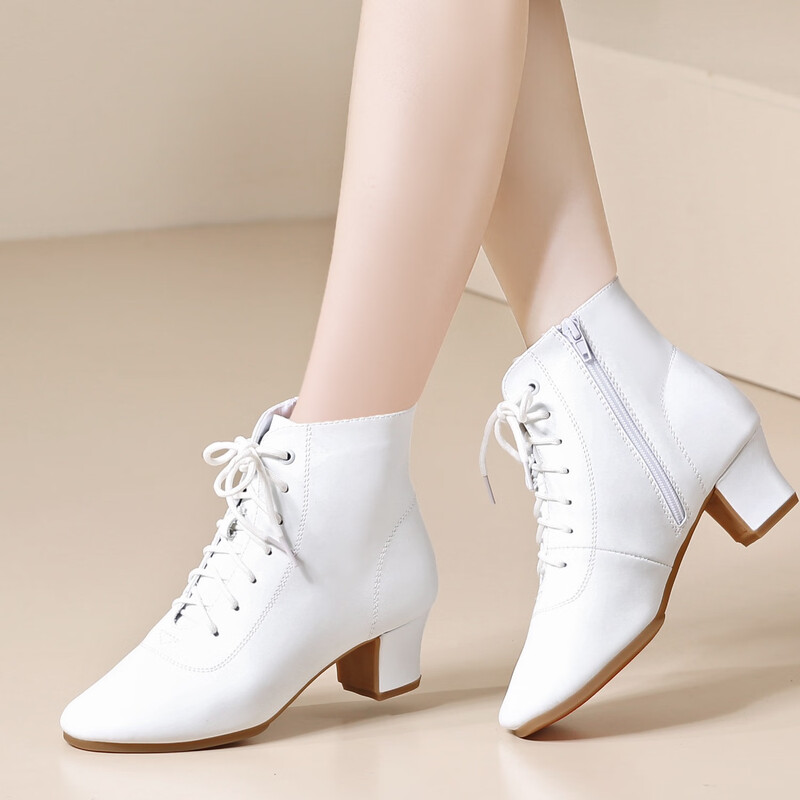 Tesili's autumn and winter square dance shoes, modern dance shoes, mid-heeled Latin dance shoes, cowhide mother's shoes, short boots, black plus velvet