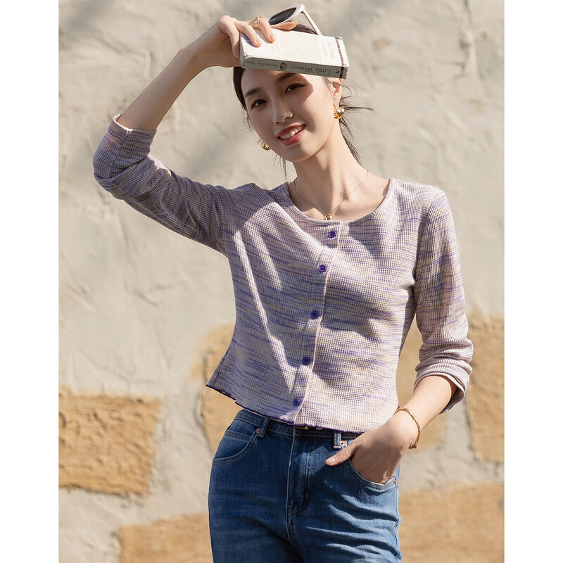 Demana Cloud Oxygen Cotton Spring Lightweight Rainbow Waffle Print Long Sleeve Layered Small Women's T-Shirt