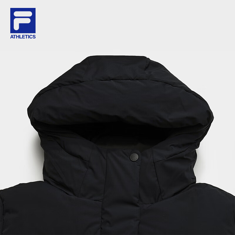FILA Official Women's Long Down Jacket 2025 Winter New Casual Loose Warm Hooded Jacket Dark Black-BK L 170/88A/L