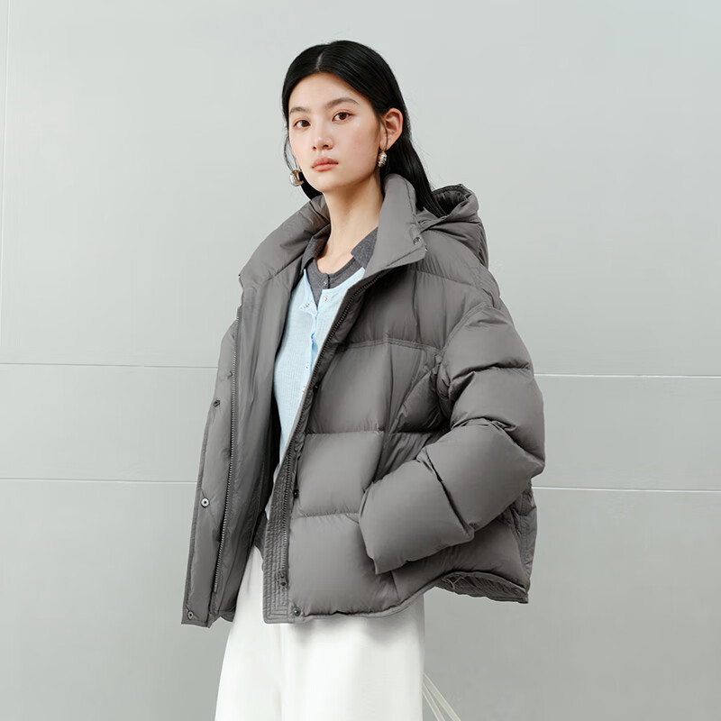 Ai Lai Chen Turin same style women's down jacket 2025 puff short hooded drawstring warm winter coat nightingale gray M