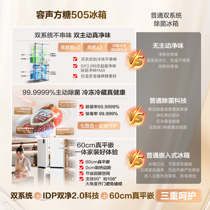 Rongsheng Tangtang 505L Cross Door Refrigerator Dual System Dual Cycle Active Sterilization Ultra-Thin Zero Embedded Household Level One Energy Efficiency BCD-505P60CZMAD White National Subsidy World Cup 60cm True Zero Embedded Bottom Cooling Active Sterilization 2.0
