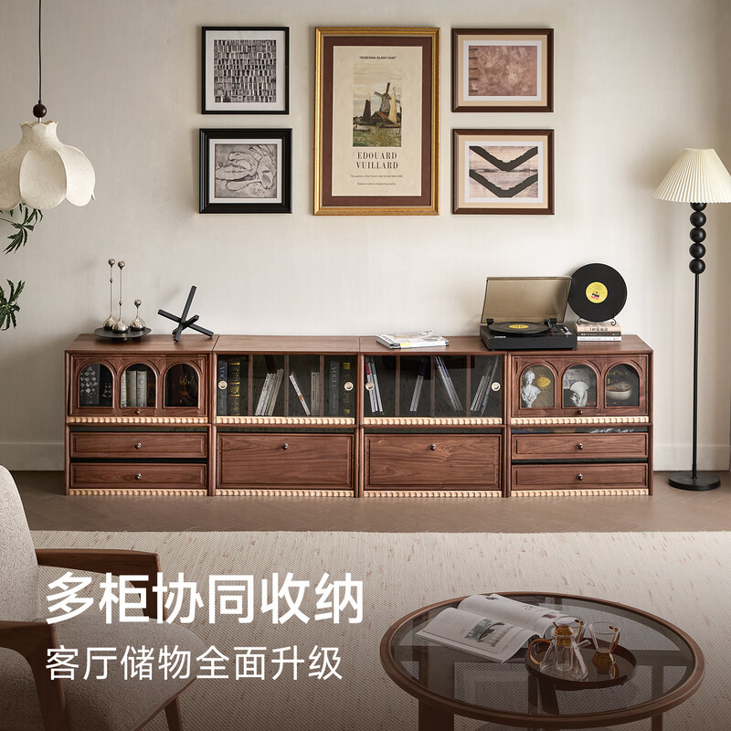 Solid wood TV cabinet made of Pusu wood, floor-standing French retro combination cabinet, antique black walnut wood living room storage integrated E cabinet - closed double drawer cabinet丨Ready stock