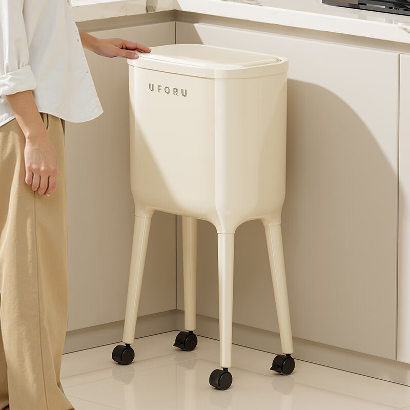 Kitchen star kitchen trash can for household use 2026 new style high-value removable large-capacity bend-free high-foot bucket with lid cream white 16L flagship model (with inner bucket/swivel wheels removable)