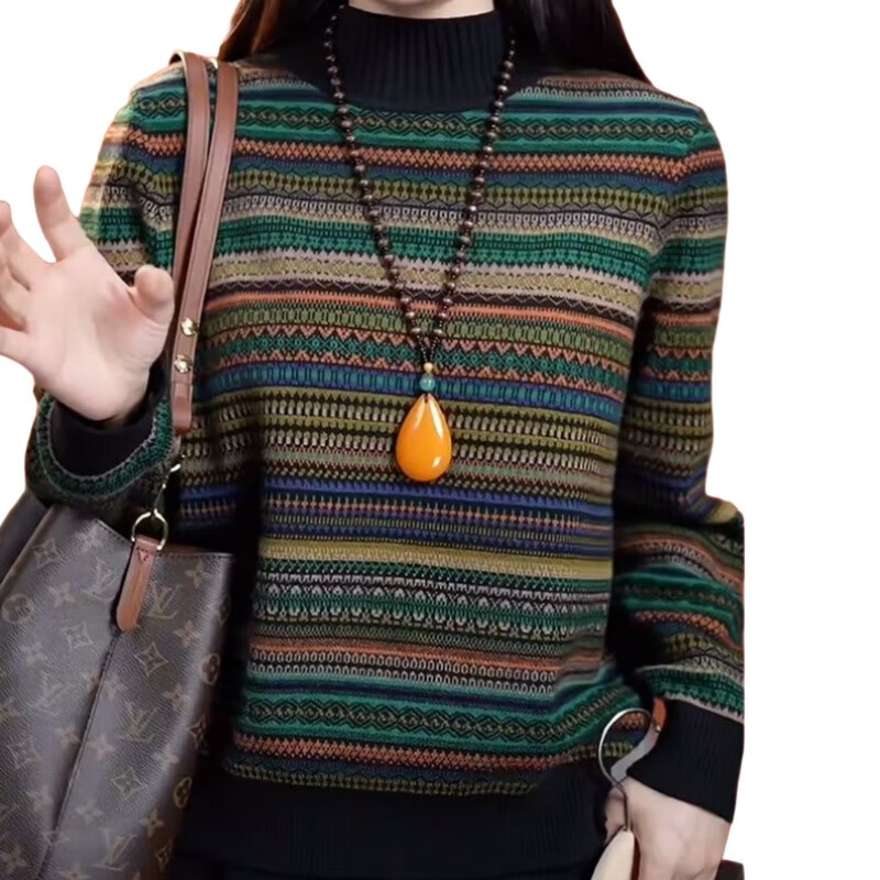 2025 new autumn and winter retro striped tops, stylish high-necked bottoming shirts, jacquard fashionable bottoming tops for women, picture color 2XL, recommended 120-135 catties