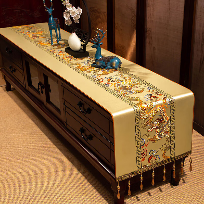 Yiboqiantang New Chinese Zen Coffee Table Tablecloth Chinese Style TV Cabinet Decorative Cover Cloth Rectangular Dining Table Sideboard Dustproof Cloth Nine Heavens Feilong Emperor Yellow High Precision/Waterproof Cabinet Cloth 40*200cm (Applicable table length 1.5-1.6m)