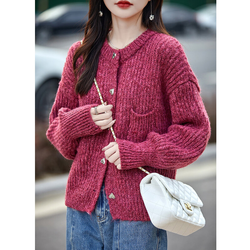Demana thick stick stitch cardigan winter warm thick round neck sweater love metal buckle loose sweater top