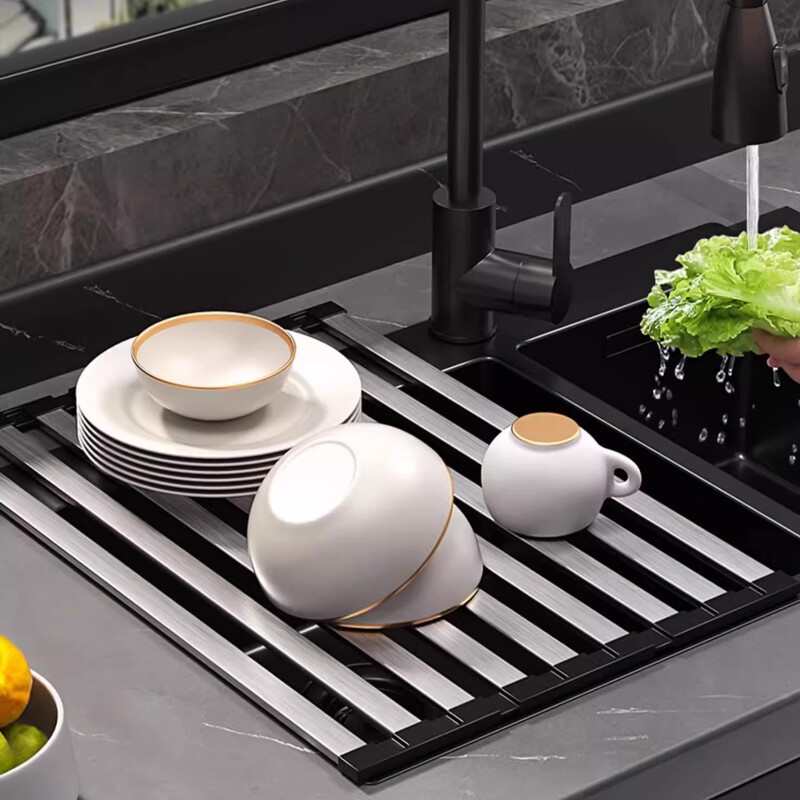 Wen Yijia kitchen sink drain rack 304 stainless steel foldable wash basin water filter roller curtain pool drain basket storage rack 32.5*35cm drain rack 304 material