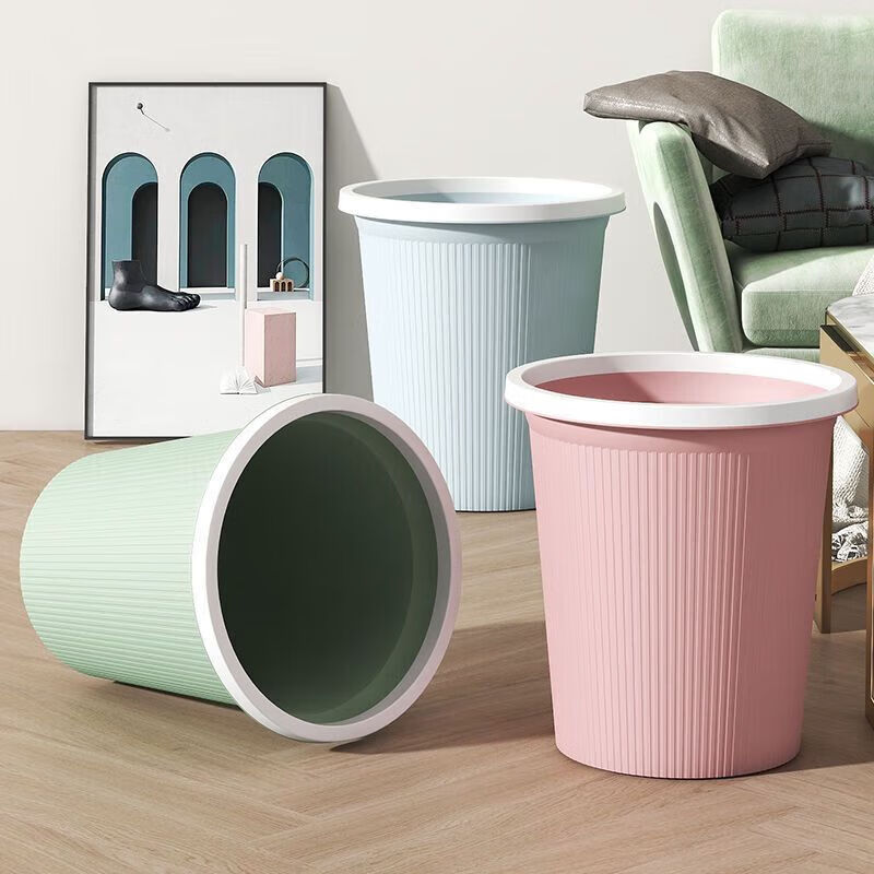 JINZE European-style household striped trash can for living room, bedroom, kitchen, toilet, office, lidless paper basket with pressure ring, Nordic blue, medium size