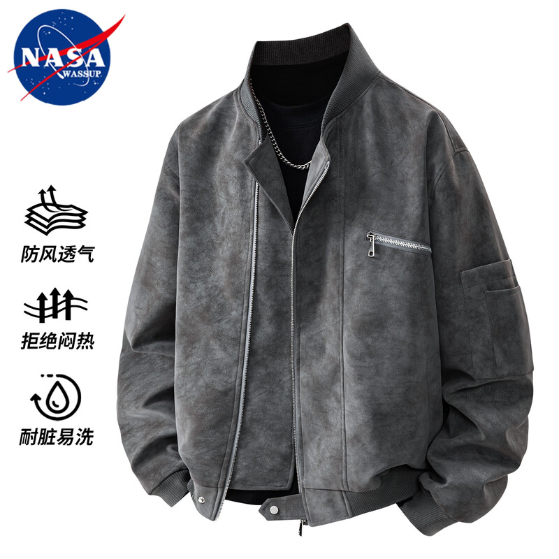Nasawassup flight jacket men's trendy autumn and winter leather jacket American tie-dye pu leather loose handsome versatile baseball uniform gray L recommended 125-145 pounds