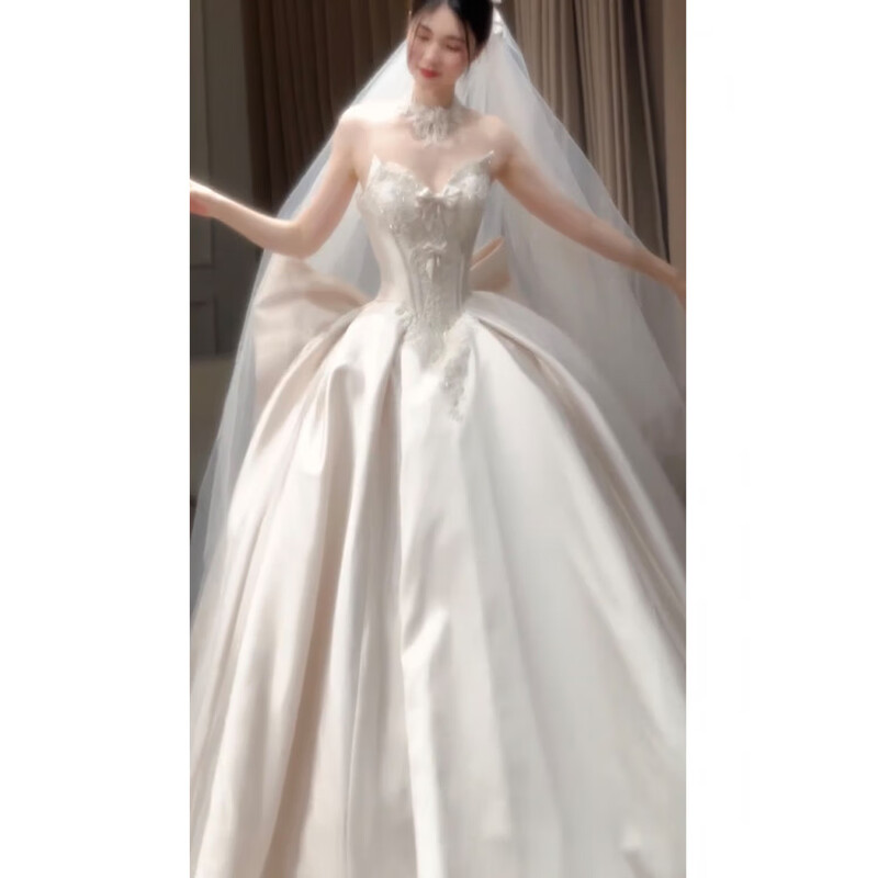 Wutuo wedding dress light gauze French satin tube top 2025 new bridal texture style small heavy industry main yarn white floor-length + vest (plus three-piece set) M