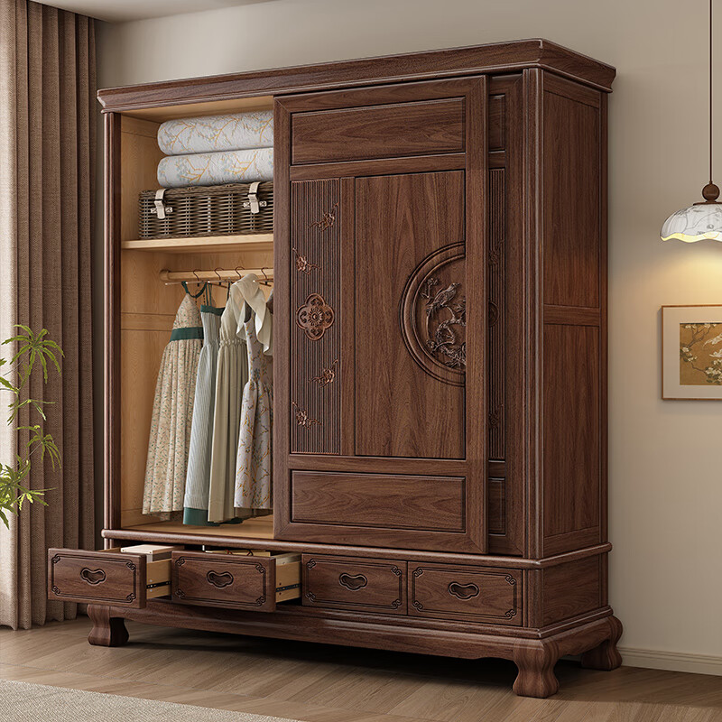 Yueying tung mid-antique style black walnut sliding wardrobe classical carved large capacity storage home bedroom wooden sliding door wardrobe sliding wardrobe
