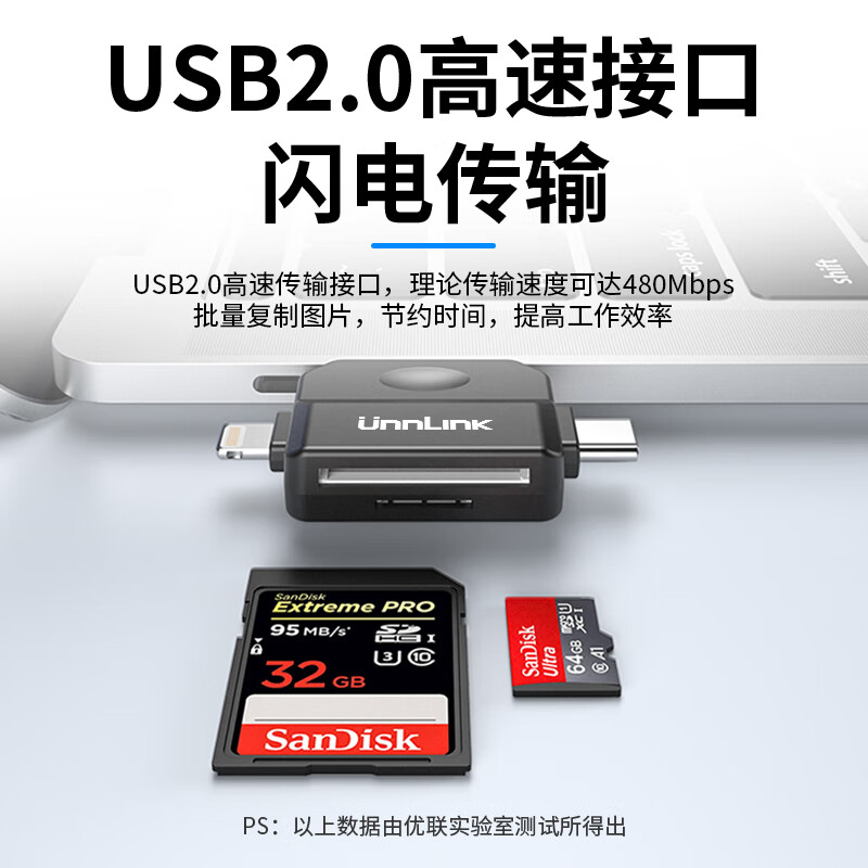 UNNLINK card reader three-in-one SD card/TF card, suitable for Apple mobile phone card reader, supports mobile phone/tablet iPad connected to camera card reader/CCD camera, reads card, shoots and saves, three-in-one card reader SD/TF dual card single reading