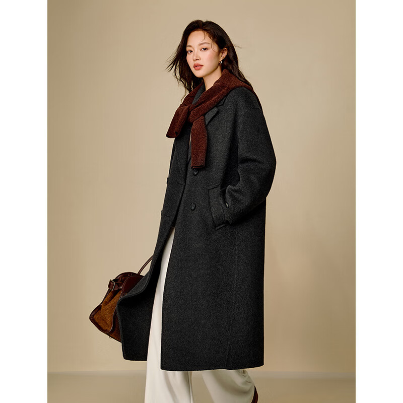 Inman alpaca mulberry silk double-sided woolen coat 2025 winter women's new long woolen coat high-end black M