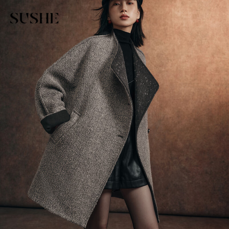 SUSHE retro VTG herringbone wool jumpsuit silhouette mid-length woolen jacket