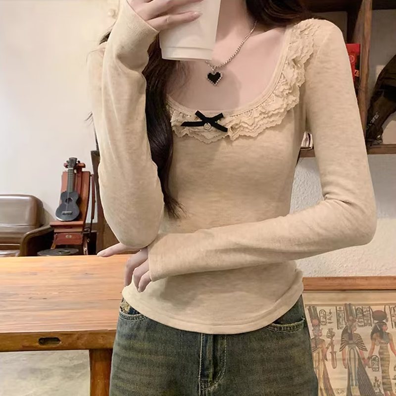 Miao Yijia thickened velvet bottoming shirt for outer wear for women in autumn and winter, western style 2025 new lace sexy and high-end sense lace collar bow long-sleeved T-shirt oatmeal color L recommended 110-120 pounds