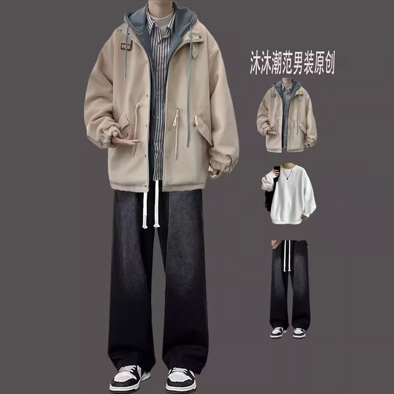 Xingsuyao (xingsuyao) fake two-piece hooded jacket men's suit autumn and winter Korean style loose woolen coat men's high-end fashion three-piece suit black + long white T + pants blue XL