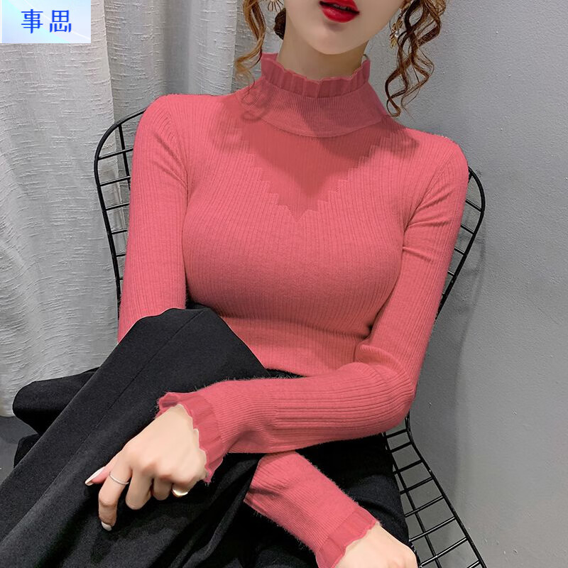 Shisi Half Turtle Collar Lace Spliced Hollow Sweater Women's Autumn and Winter New Style Slim Fit Knitted Bottoming Top for Women Apricot L