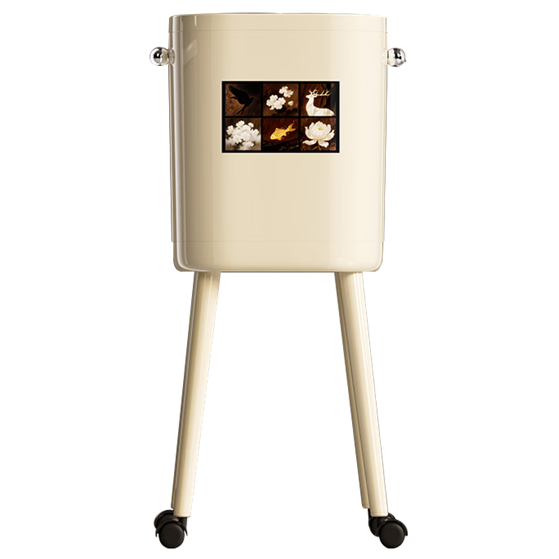 ASCOR household trash can 2025 new model without bending, high appearance, high-foot kitchen push-type large capacity with wheels, removable, cream white 16L, cat style, double buckets inside and outside | with universal wheels