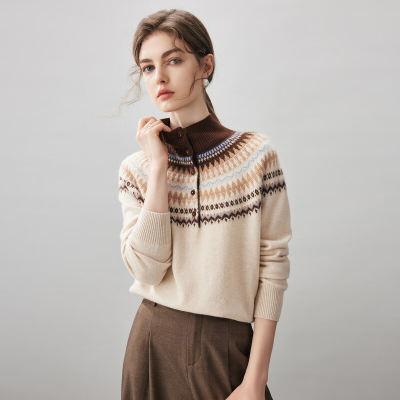 Comonboka 2025 autumn and winter new Fair Isle cashmere sweater women's half turtleneck sweater loose base sweater Vanilla rice L