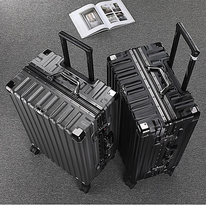 Aluminum frame suitcase student large-capacity trolley suitcase for men and women with universal wheels, strong and durable password travel suitcase, black 26 inches