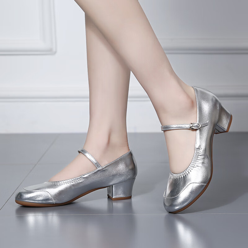 Tesili dance shoes for women adult square dance shoes four seasons mid-heel modern ballroom dance shoes soft sole breathable silver