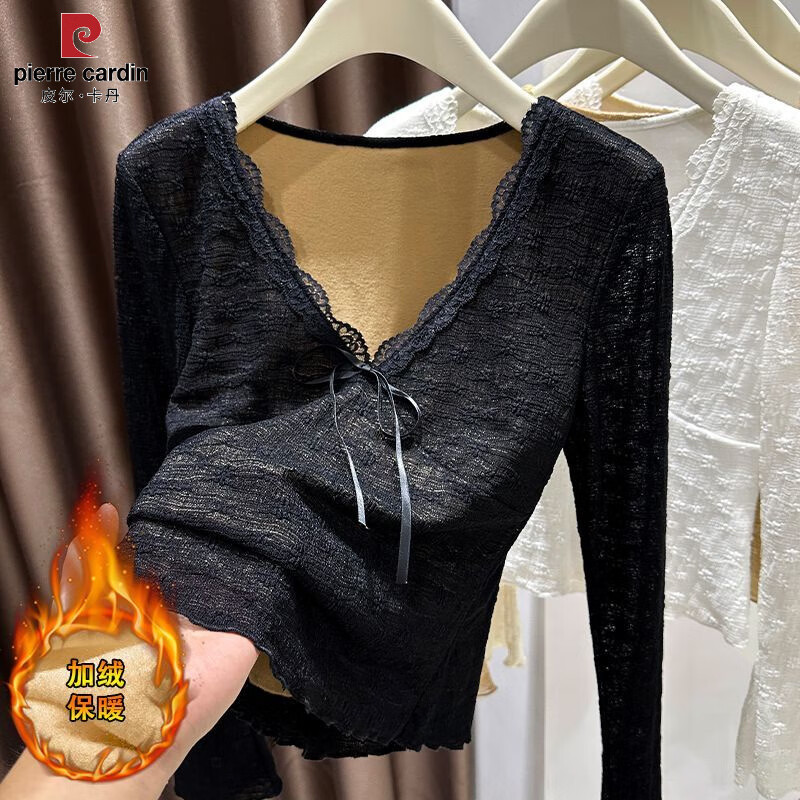 Pierre Cardin large size velvet thickened lace bottoming shirt women's fat m girl autumn and winter warm inner wear V-neck mesh long-sleeved T-shirt white velvet thickened XXS