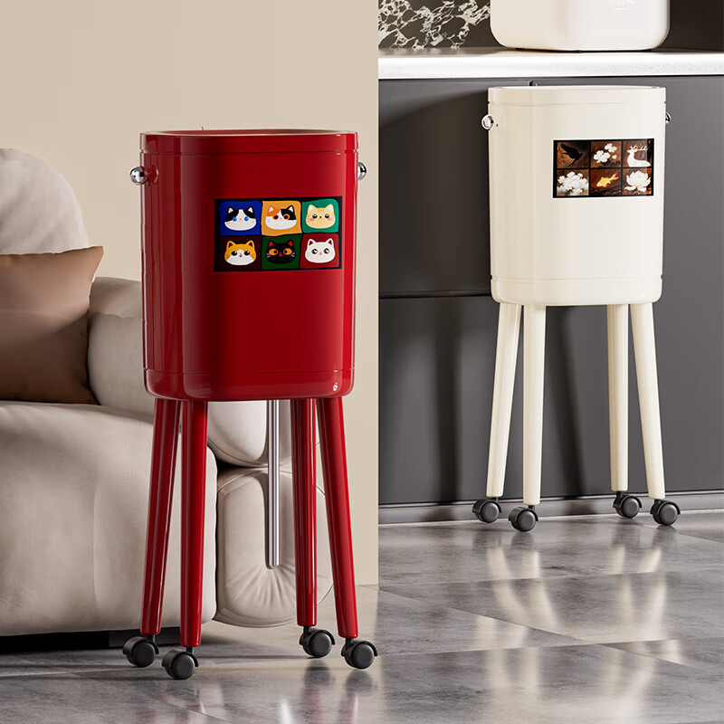 ASCOR household trash can 2025 new model without bending, high appearance, high-foot kitchen push-type large capacity with wheels, removable, cream white 16L, cat style, double buckets inside and outside | with universal wheels