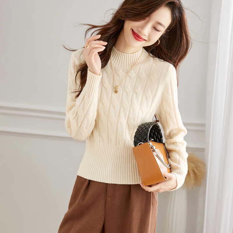 Shexi (Srcr) short 100% woolen sweater for women, autumn and winter half turtleneck cable knit base sweater for small people