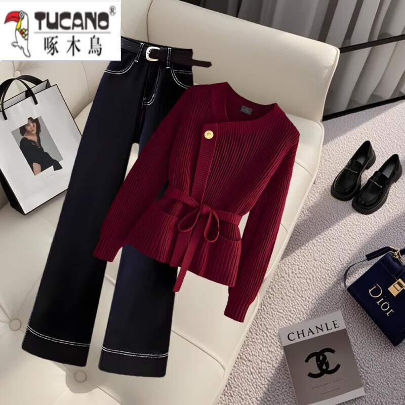 Woodpecker (TUCANO) 2025 outfit complete set of popular fashion brand women's Ancola red wool sweater, fashionable and slim, straight red top + pants set of two/piece, belt not included L, recommended 100-120 catties