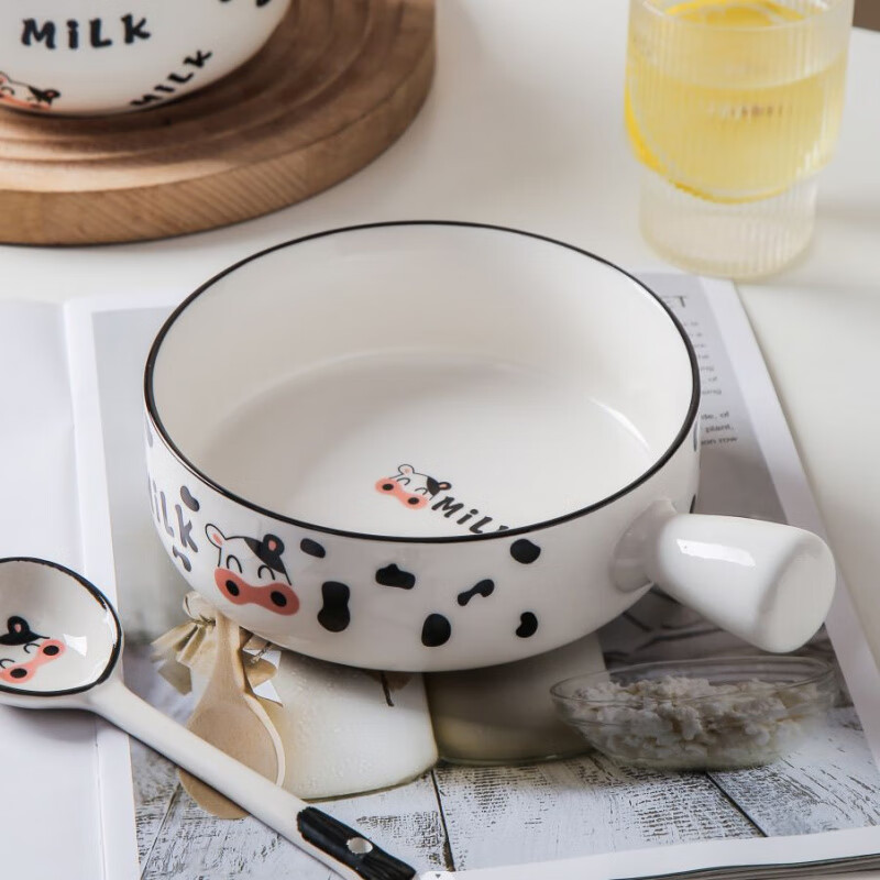 Zi Sha Bowl Household Baking Bowl Cow Handle Bowl Creative Cartoon Bowl Internet Celebrity Cute Bowl Spoon Tableware Combination Ceramic Baking Bowl Cow 6-inch Handle Bowl 1 Pack