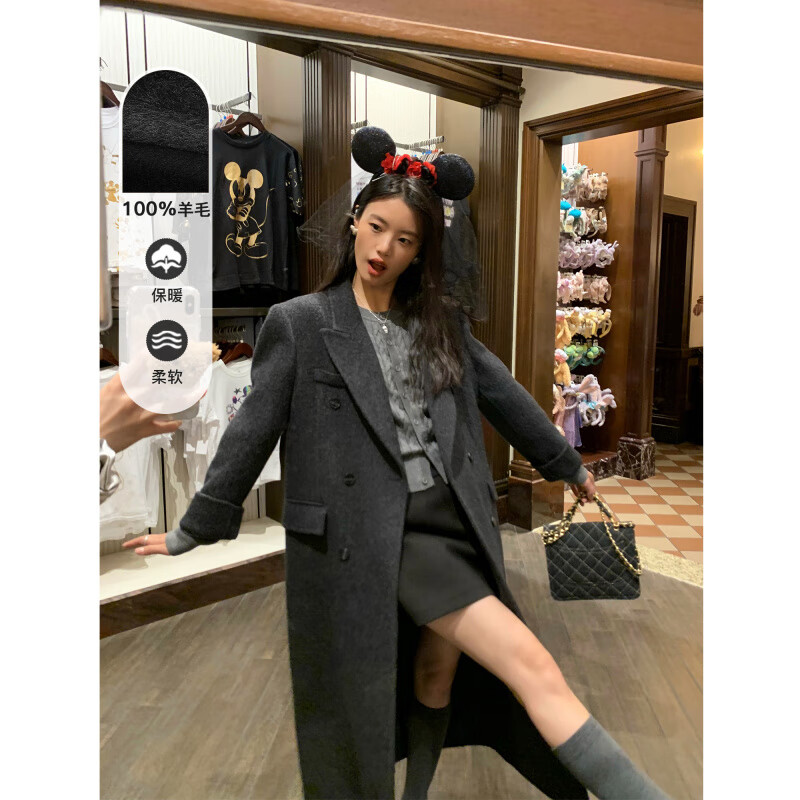 Pusumede wool double-sided woolen coat for women, autumn and winter silhouette, mid-length, Korean-style temperament woolen coat, dark gray for small people, recommended height 158-164cm S