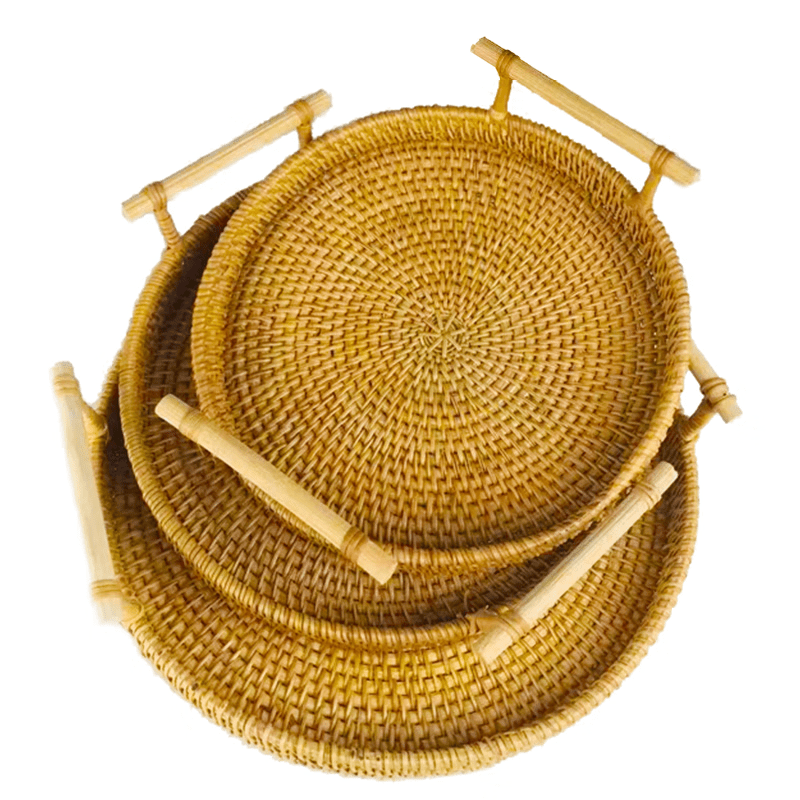 CLCEY rattan storage basket bamboo fruit plate Japanese bread basket steamed bread basket living room fruit basket household handmade tray multi-purpose storage three-piece set