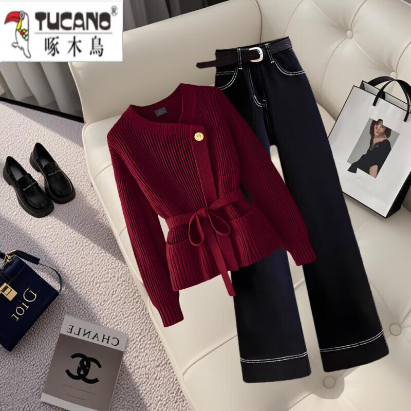 Woodpecker (TUCANO) 2025 outfit complete set of popular fashion brand women's Ancola red wool sweater, fashionable and slim, straight red top + pants set of two/piece, belt not included L, recommended 100-120 catties