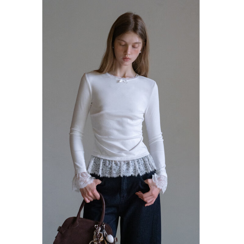 EGGKA round neck lace white long-sleeved bottoming T-shirt slimming top E25A3988BK white S